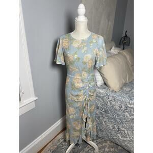 Yumi Kim Floral Ruched Midi Dress M Blue Ruffle Hem Cottagecore Romantic Spring